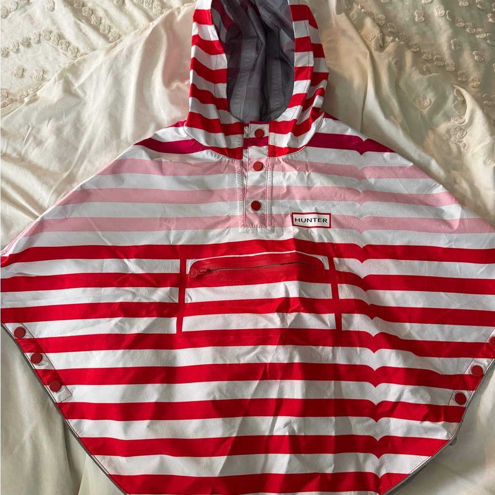 Hunter Red and White Striped Hooded Rain Poncho 2T/3T